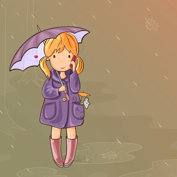 Fille sous un parapluie parler sur téléphone portable — Image vectorielle