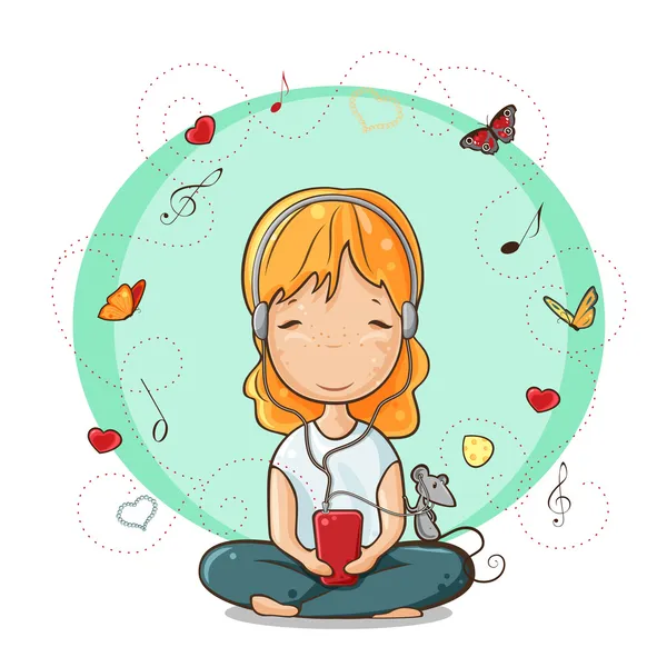 Girl listening to music from smartphone — Stock Vector