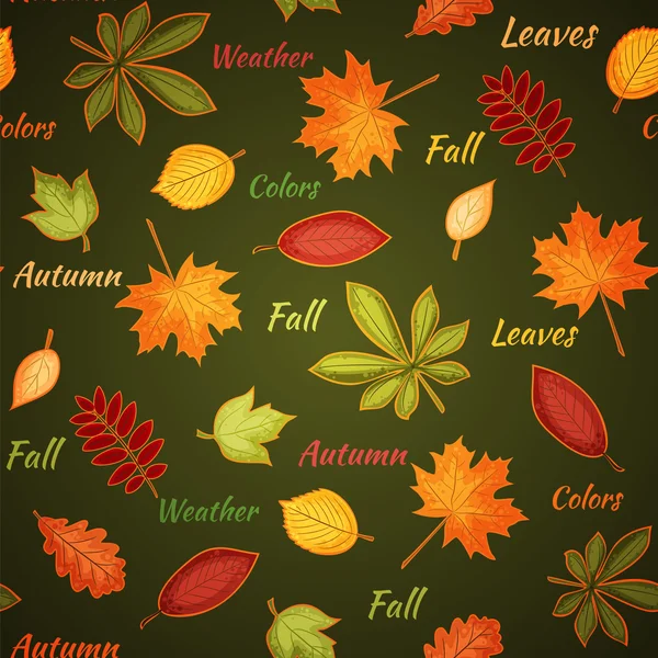 Dark green seamless pattern with autumn leaves — Stock Vector