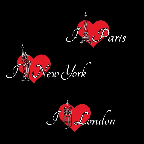 Corazones y Londres, París, Nueva York — Vector de stock