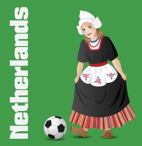 Chica holandesa en traje nacional con pelota de fútbol — Vector de stock