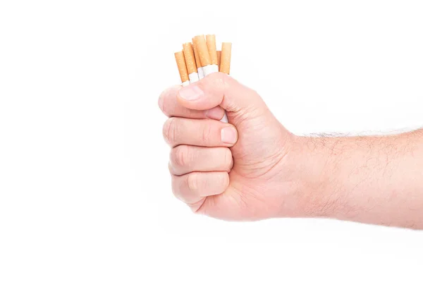 几支香烟 一个男人的手 头发握在手里 在白色的背景上 特写镜头 — 图库照片