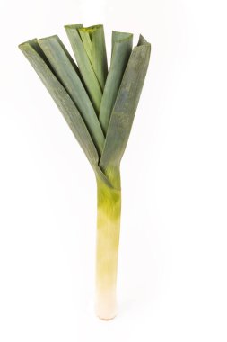 Beyaz bir arka planda. Pırasa bitkisi. Bir kopya. Eko-ürünler. yakın plan.