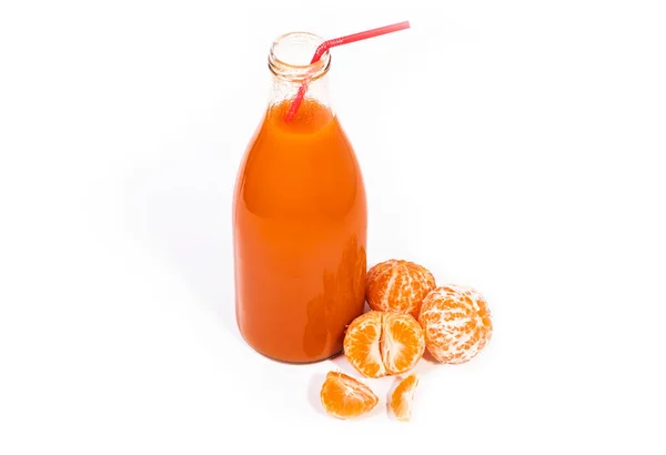 White Background Glass Bottle Orange Liquid Juice Tangerine Carrots Well — Fotografia de Stock