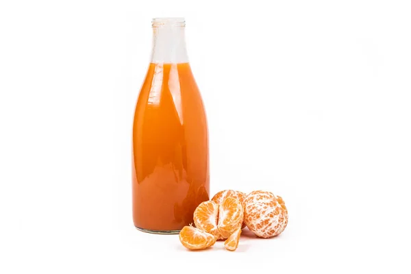 White Background Glass Bottle Orange Liquid Juice Tangerine Carrots Well — Fotografia de Stock