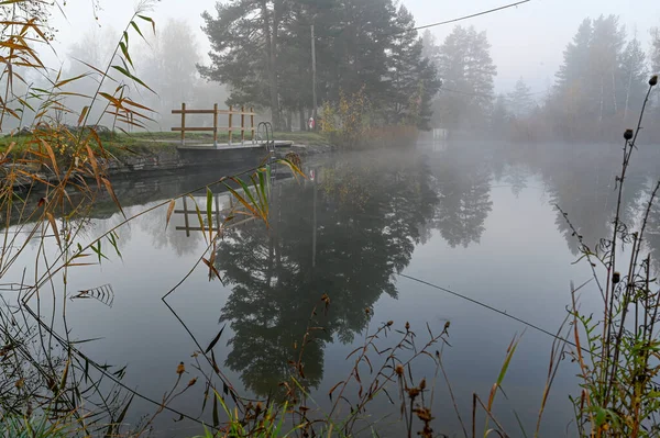 Jetty and bathing ladder early october morning — Stock Photo, Image