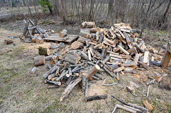 İlkbahar zamanı, dışarıda yakacak kuru odun yığınıyla. — Stok fotoğraf