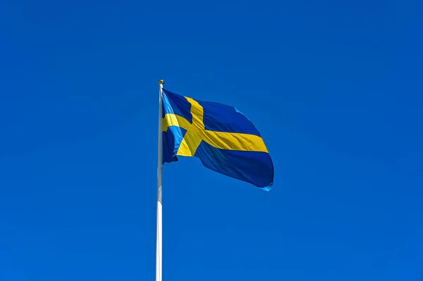 Swedish Flag Blue Yellow Cross Clear Blue Sky — Stock Photo, Image