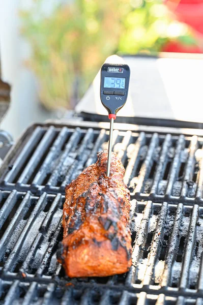 Fleischthermometer Steckt Schweinefilet Auf Grill Kumla Schweden Juli 2022 — Stockfoto