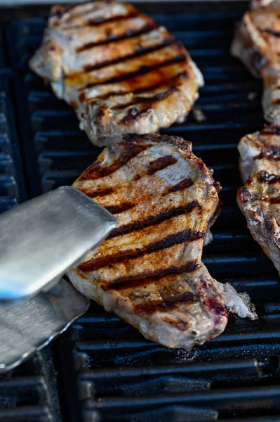 Pork Chop Grill Grill Tongs Kumla Sweden July 2022 — Stock Photo, Image