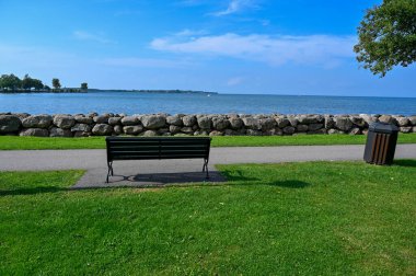 Bench infront of lake Vattern in Vadstena Sweden august 17 2022