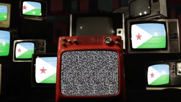 ジブチとレトロテレビの旗 ズームイン — ストック動画