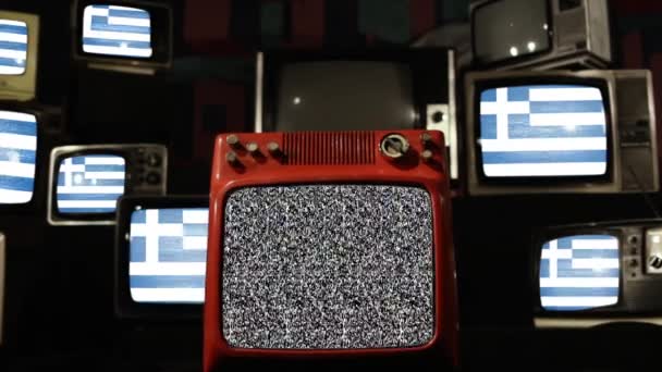 Bendera Yunani Dan Televisi Vintage — Stok Video
