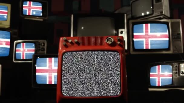 Isländische Flaggen Und Alte Fernseher — Stockvideo
