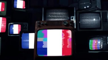Fransa bayrağı ve Coronavirus Retro TV 'de. Coronavirüs Salgını Konsepti.  