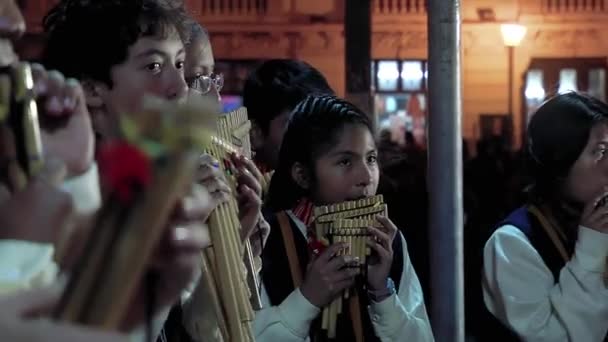Студенты Музыканты Играющие Андскую Музыку Используя Сикус Традиционный Андский Панпайп — стоковое видео