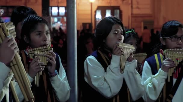 Студенты Музыканты Играют Андскую Музыку Сикусом Традиционная Андская Панпайп Панфлейта — стоковое видео