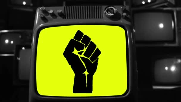 Black Lives Matter Fist Logo Old Television Close Black White — Stock Video