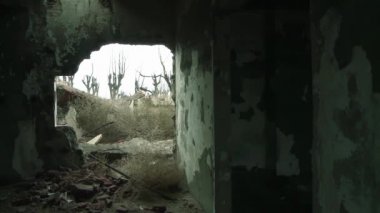 Arjantin 'in Buenos Aires bölgesindeki Hayalet Kasaba Epecuen' deki terk edilmiş binaların kalıntıları. 4K Çözünürlüğü.