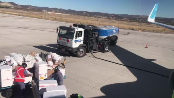 Airport Workers Unloading Boxes Covid Vaccine Doses Calafate Airport Argentina — Stock video