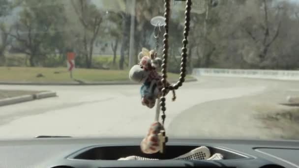 Eine Spielzeuggiraffe Und Ein Rosenkranz Hängen Rückspiegel Eines Autos Auf — Stockvideo