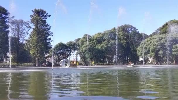 Barco Coletor Lixo Limpando Superfície Lago Parque Centenário Parque Público — Vídeo de Stock