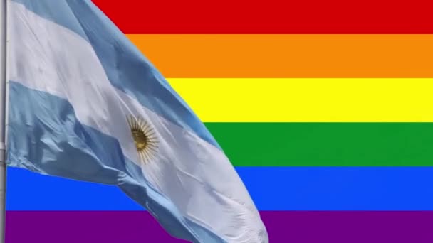 Σημαία Της Αργεντινής Και Σημαία Γκέι Υπερηφάνεια Φόντο Σημαία Ουράνιο — Αρχείο Βίντεο