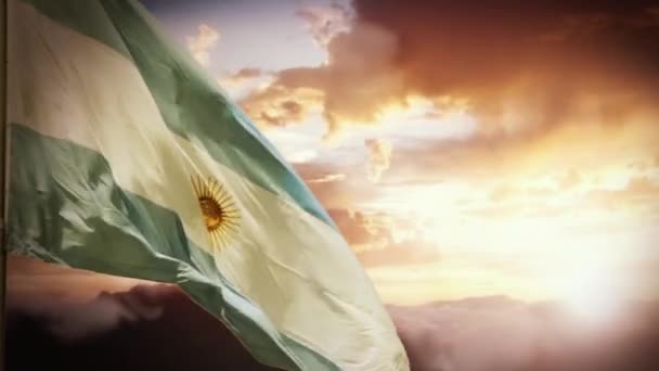 Σημαία Της Αργεντινής Ενάντια Στα Βουνά Και Sunset Sky Στο — Αρχείο Βίντεο