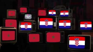 Hırvatistan, Fas ve Vintage Televisions bayrakları. 4K Çözünürlüğü.