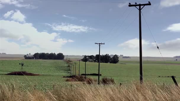 Power Lines Crossing Green Field Cloudy Sky Argentinië Resolutie — Stockvideo