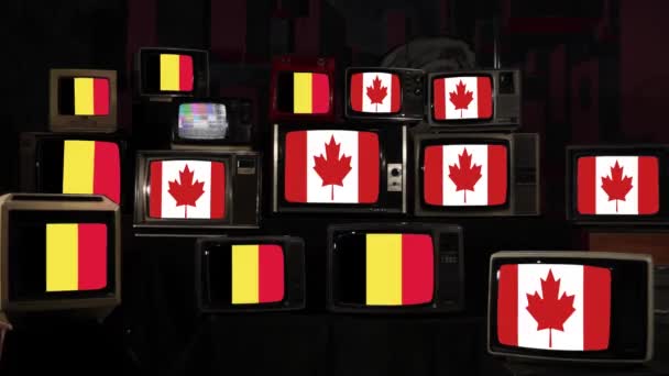 Bandeiras Bélgica Canadá Vintage Televisions Resolução — Vídeo de Stock