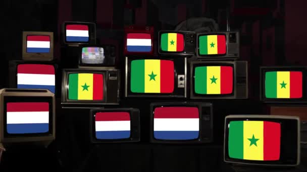 Bandiere Dei Paesi Bassi Del Senegal Sui Televisori Vintage Risoluzione — Video Stock