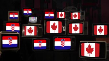 Vintage Televisions 'da Hırvatistan ve Kanada bayrakları. 4K Çözünürlüğü.