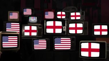 Birleşik Devletler, İngiltere ve Vintage Televisions bayrakları. 4K Çözünürlüğü.