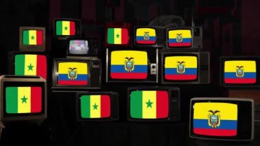 Vintage Televizyonlarda Ekvador ve Senegal Bayrakları. 4K Çözünürlüğü.