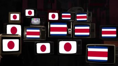 Retro Televisions 'da Kosta Rika ve Japonya bayrakları. 4K Çözünürlüğü.