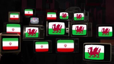 Vintage TV 'de Galler ve İran Bayrakları. 4K Çözünürlüğü.