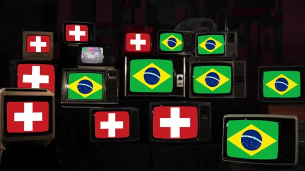 Flags Brazil Switzerland Vintage Televisions Resolution — Stock Video