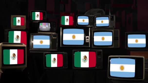 Flagi Meksyku Argentyny Starych Telewizorach Rozdzielczość — Wideo stockowe