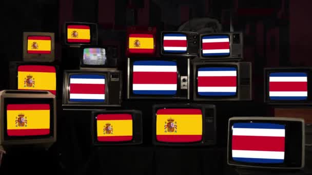 Banderas Costa Rica España Televisores Vintage Resolución — Vídeo de stock
