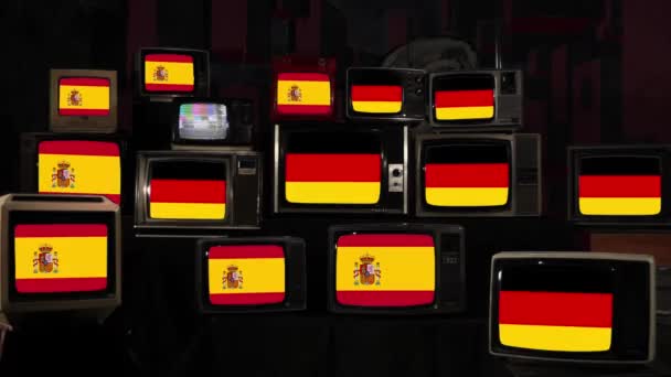 Banderas Alemania España Vintage Televisions Resolución — Vídeo de stock