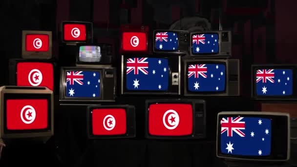 Flaggen Von Australien Und Tunesien Auf Vintage Fernsehern Auflösung — Stockvideo