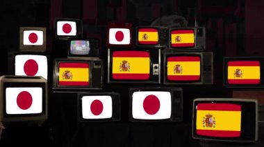 Vintage Televisions 'da İspanya ve Japonya bayrakları. 4K Çözünürlüğü.