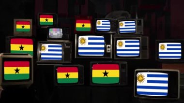 Vintage Televisions 'da Gana ve Uruguay bayrakları. 4K Çözünürlüğü.