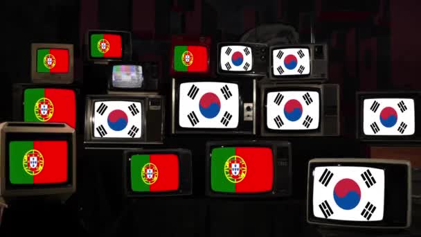 Bandeiras Portugal Coreia Sul Vintage Televisions Resolução — Vídeo de Stock