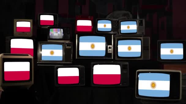 Banderas Polonia Argentina Vintage Televisions Resolución — Vídeo de stock