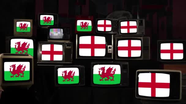 Флаги Англии Уэльса Винтажных Телевизорах Разрешение — стоковое видео