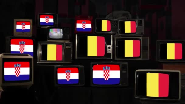 Флаги Хорватии Бельгии Винтажных Телевизорах Разрешение — стоковое видео