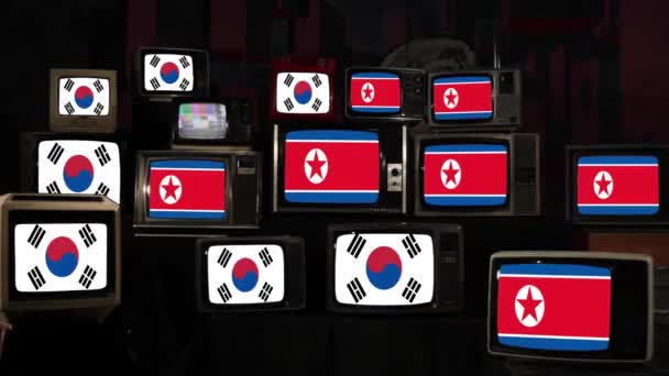 Banderas Corea Del Norte Del Sur Vintage Televisions Resolución — Vídeo de stock