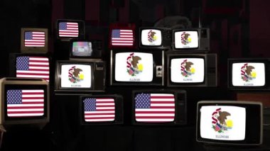 Flag of Illinois and Vintage Televisions. 4K Resolution.